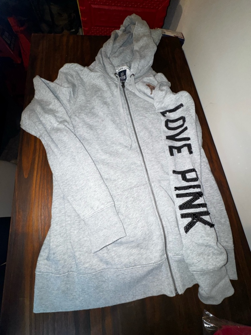 PINK Victoria's Secret Gray Zip-Up Hoodie with Logo Trim